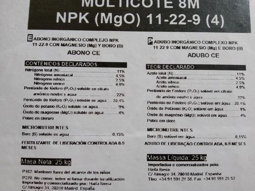 Abono granulado en saco de lenta liberación para plantación