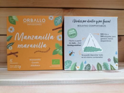 Infusión ecológica de manzanilla, canela y albahaca.